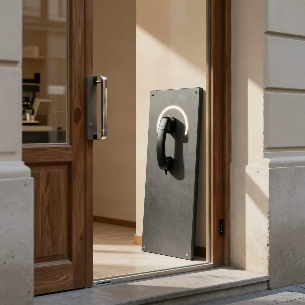 Ingresso commerciale moderno con luce calda, telefono pronto e segnale di chiamata, atmosfera dinamica.