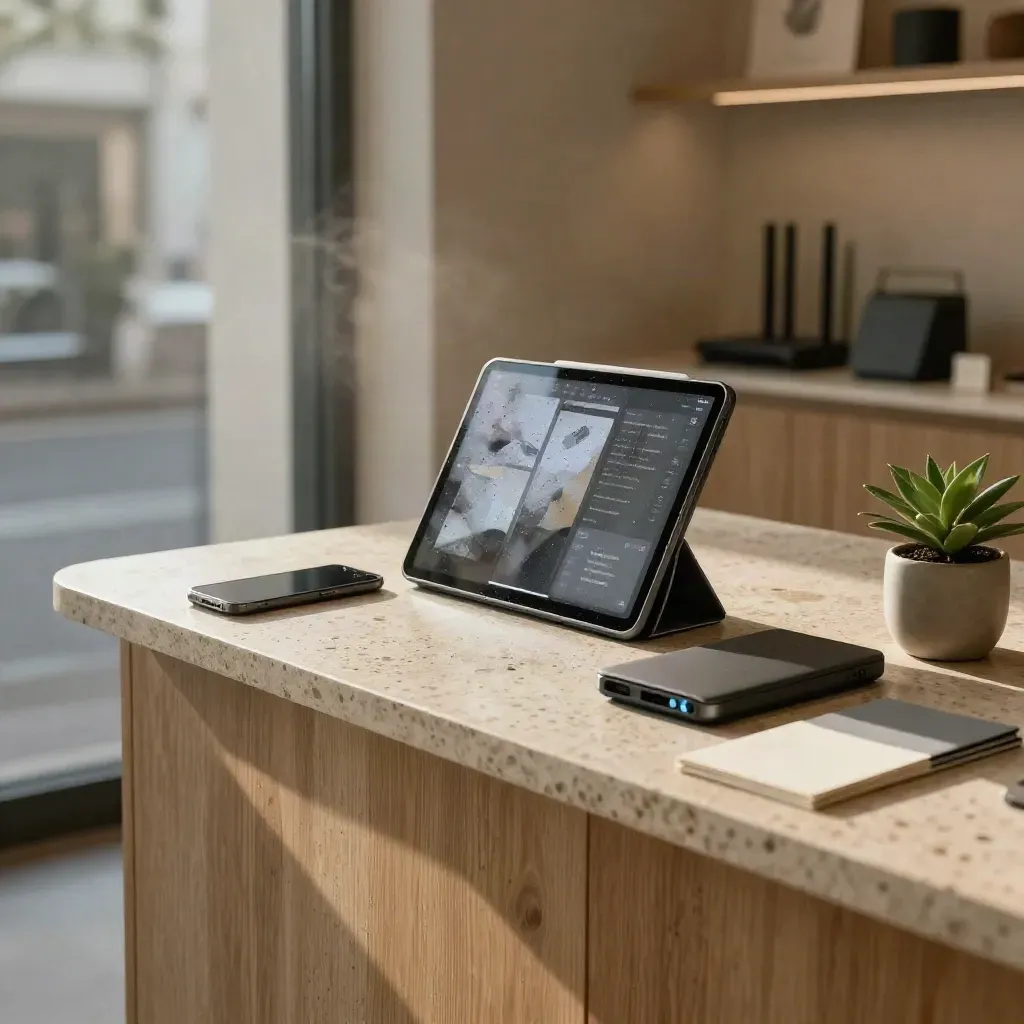 Interno di negozio con tablet, smartphone, router e campioni branding illuminati dalla pioggia.