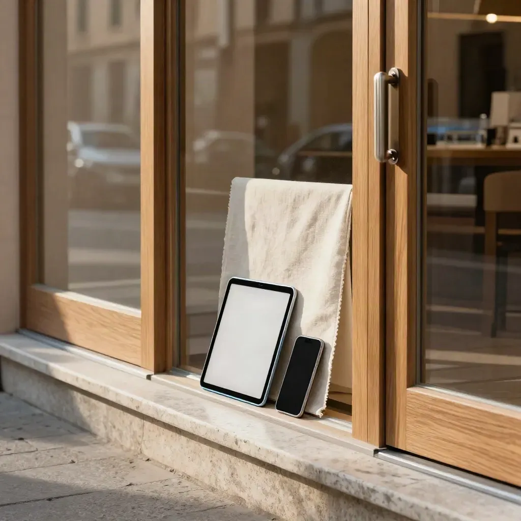 Facciata moderna di negozio italiano con tablet e smartphone su soglia luminosa.