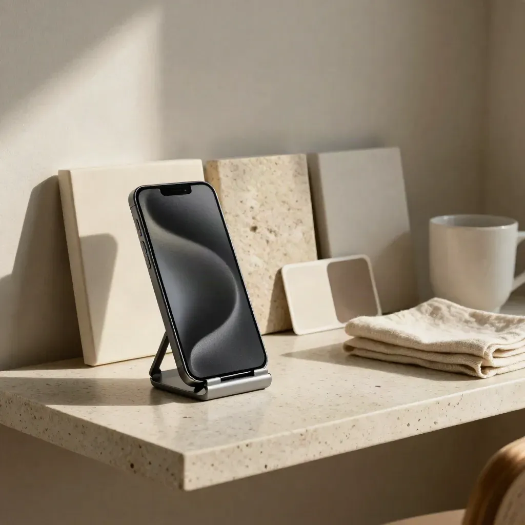 Smartphone su supporto con fondali neutri e campioni colore su mensola in travertino.