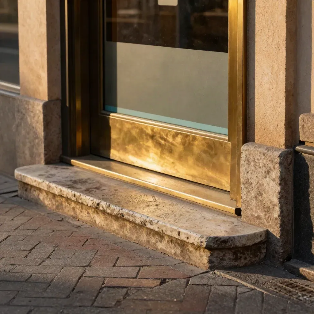 Dettaglio di soglia urbana curata con materiali eleganti e accento ciano