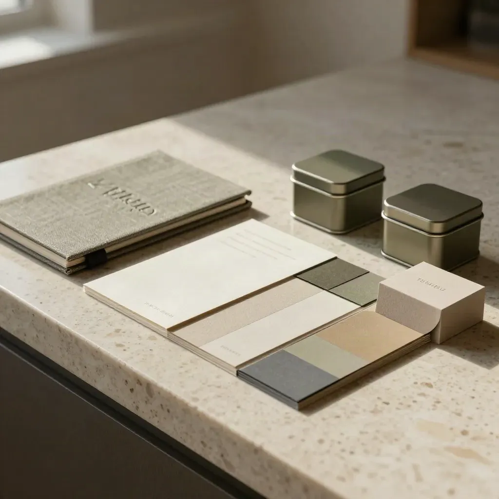Kit branding su banco in travertino con campioni carta, palette neutre e contenitori chiusi.