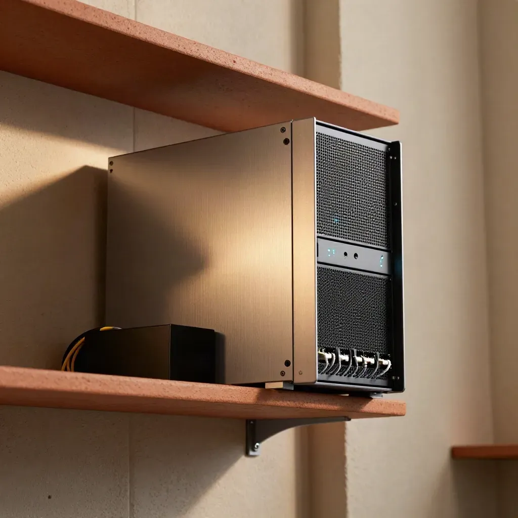 Server compatto con backup e cavi ordinati in una stanza tecnica calda e silenziosa.