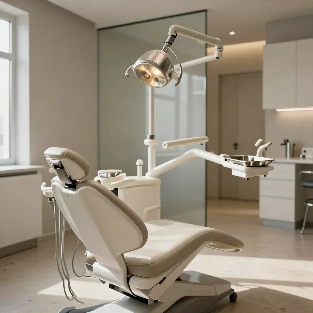 Clinica dentistica milanese bianca e vuota, con poltrona, lampada e corridoio luminoso.