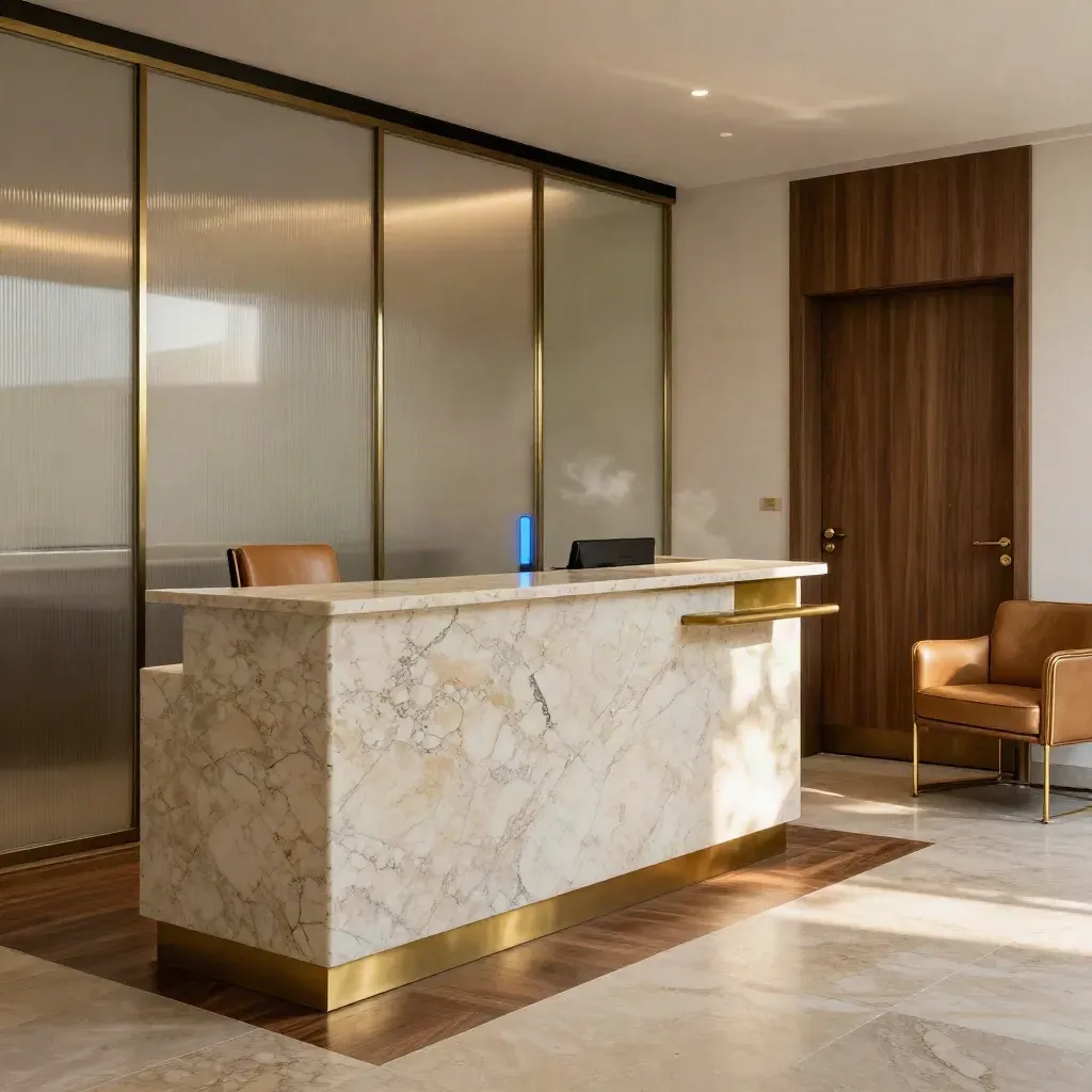 Reception di studio legale romano vuota, elegante, con marmo, pelle e ottone in luce calda.