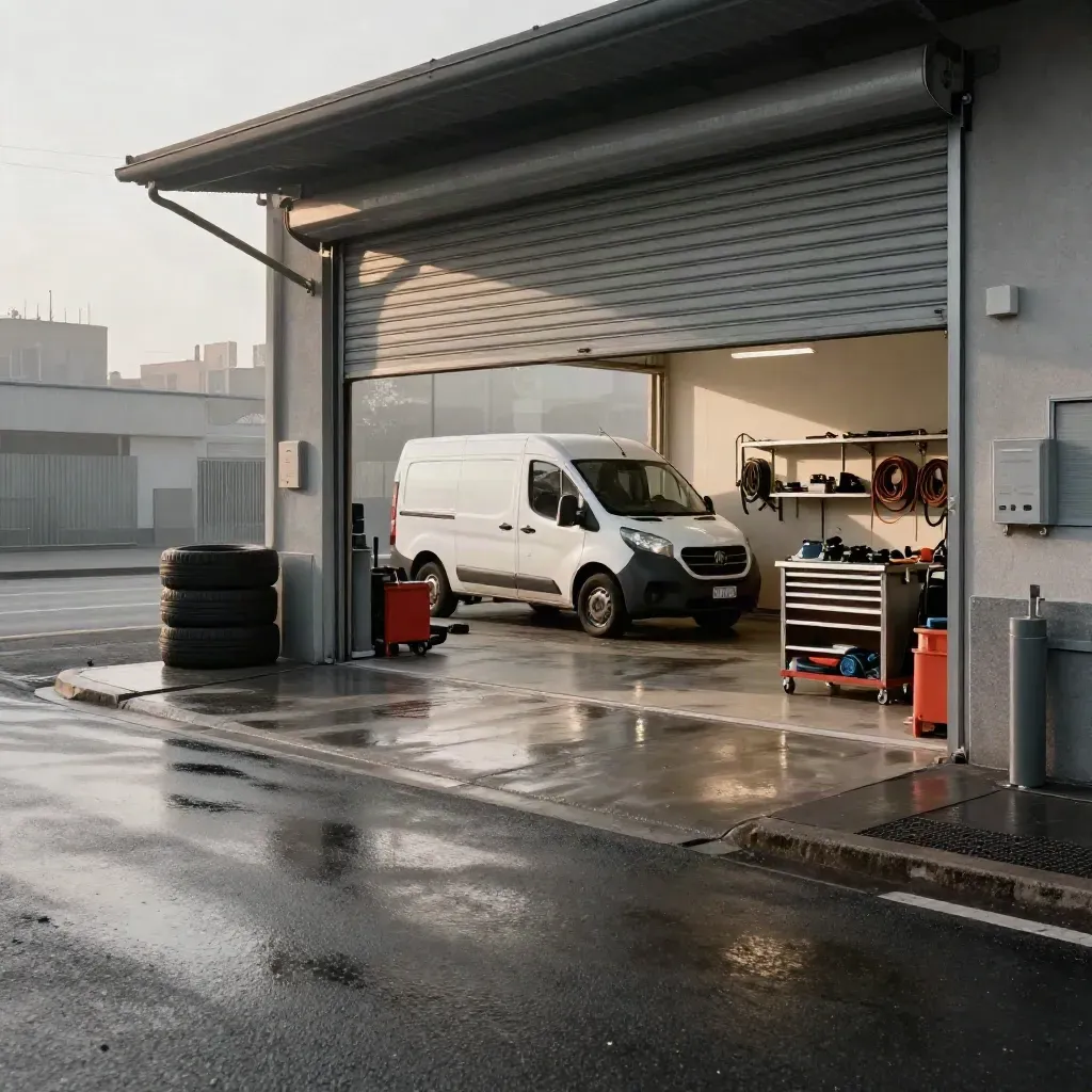 Officina torinese rinnovata con furgone e portone alto, strada bagnata dalla pioggia.