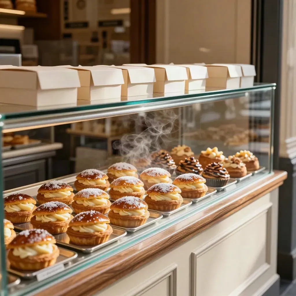 Vetrina di pasticceria bolognese allineata, pronta all’apertura, con dolci, scatole neutre e lieve vapore.