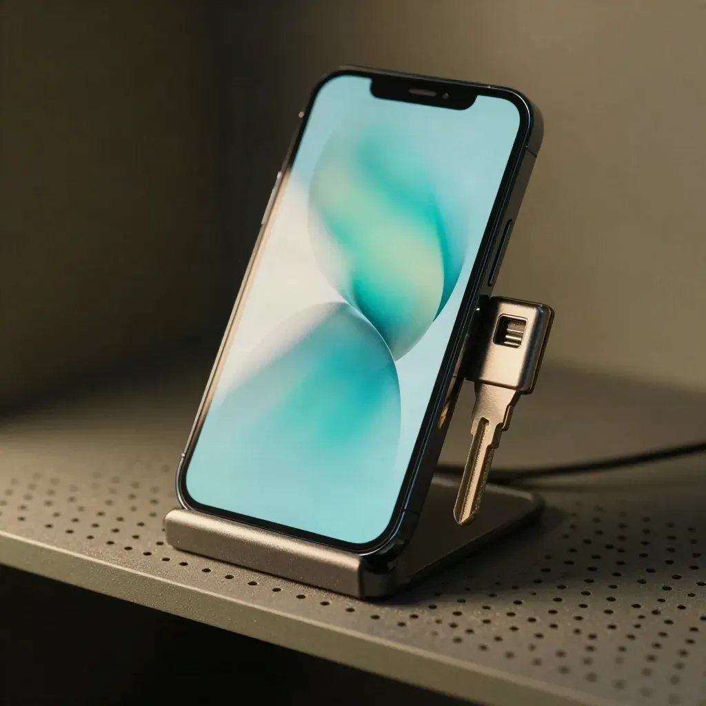 Smartphone su supporto con chiave di sicurezza e adattatore di rete su banco tecnico.
