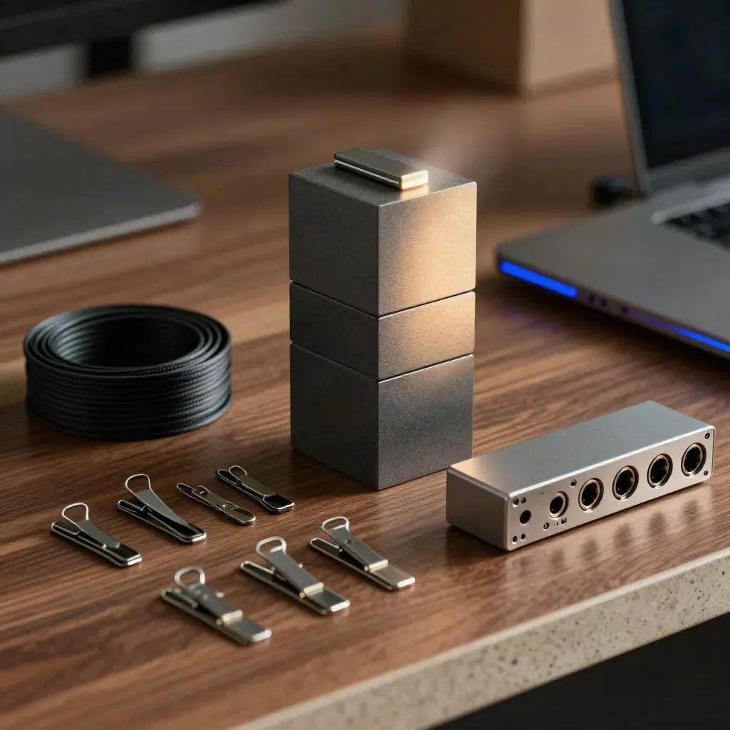 Blocchi modulari, fascette e hub ordinati su piano in legno, luce drammatica.