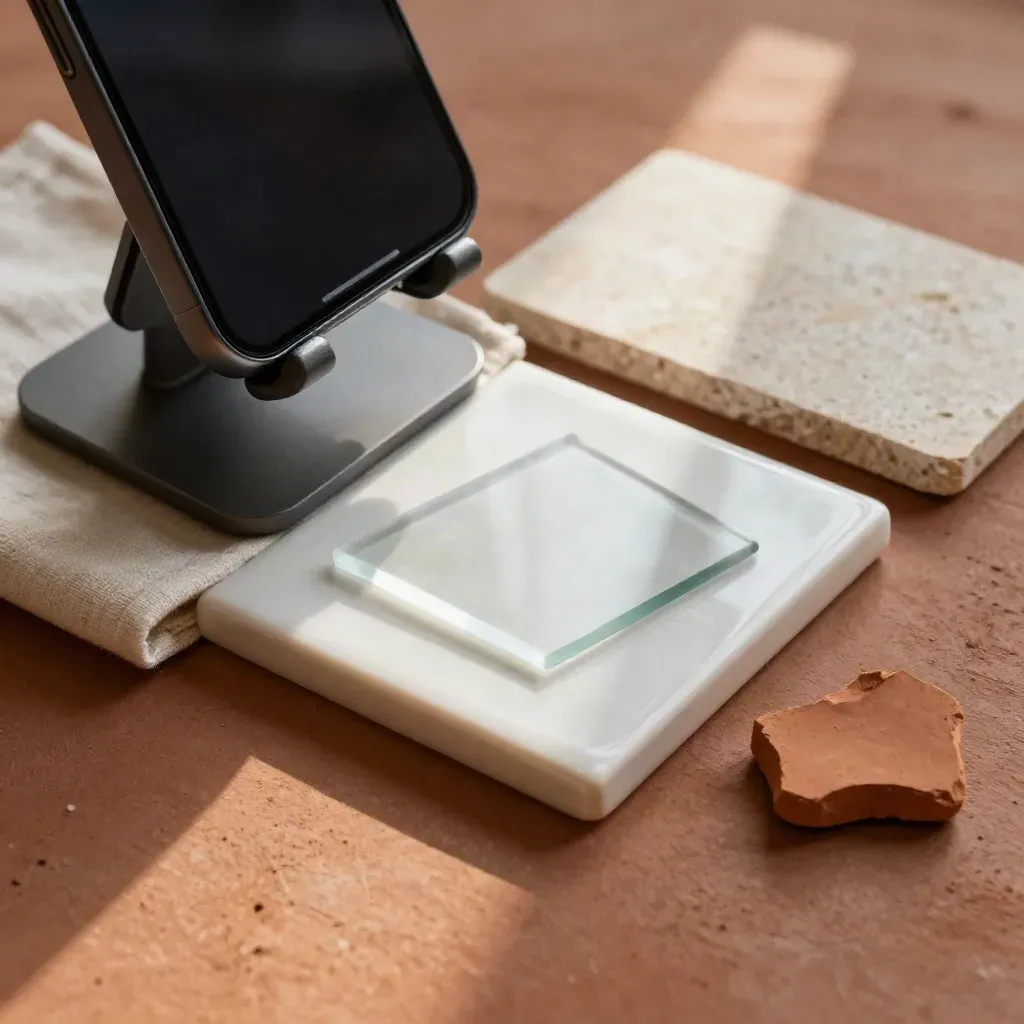 Set macro con smartphone, tessuti, vetro e ceramica su superficie in terracotta