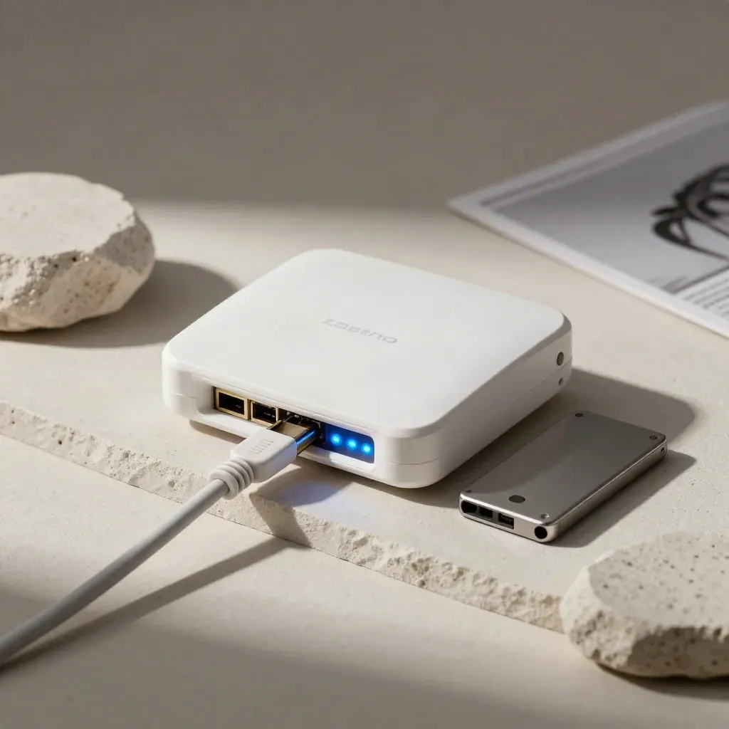 Router, cavo patch e SSD su sweep chiaro con luce morbida e bagliore blu.