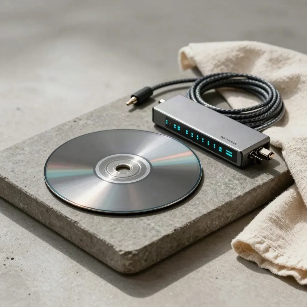 Disco di backup, hub diagnostico e cavo ordinato su vassoio in pietra, luce morbida.