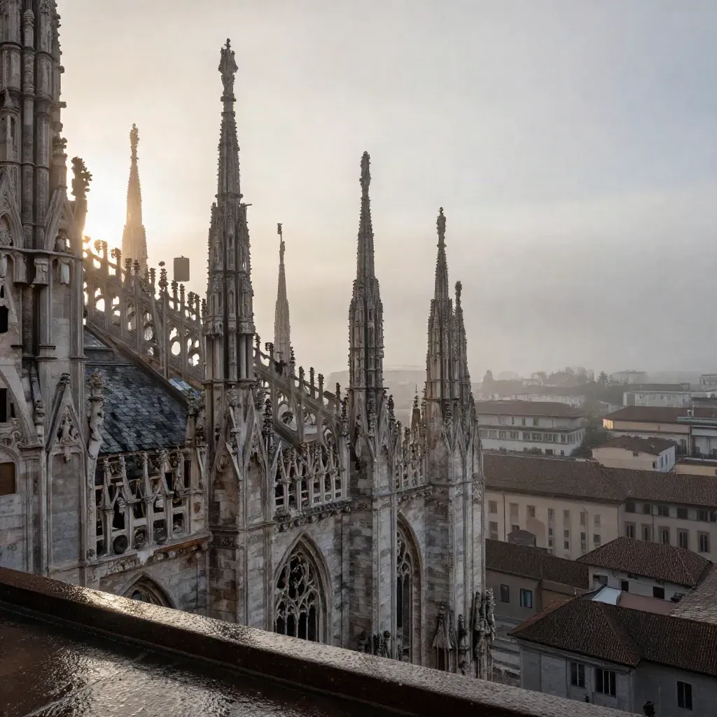 Duomo di Milano all’alba nella bruma, tetti bagnati e cielo calmo