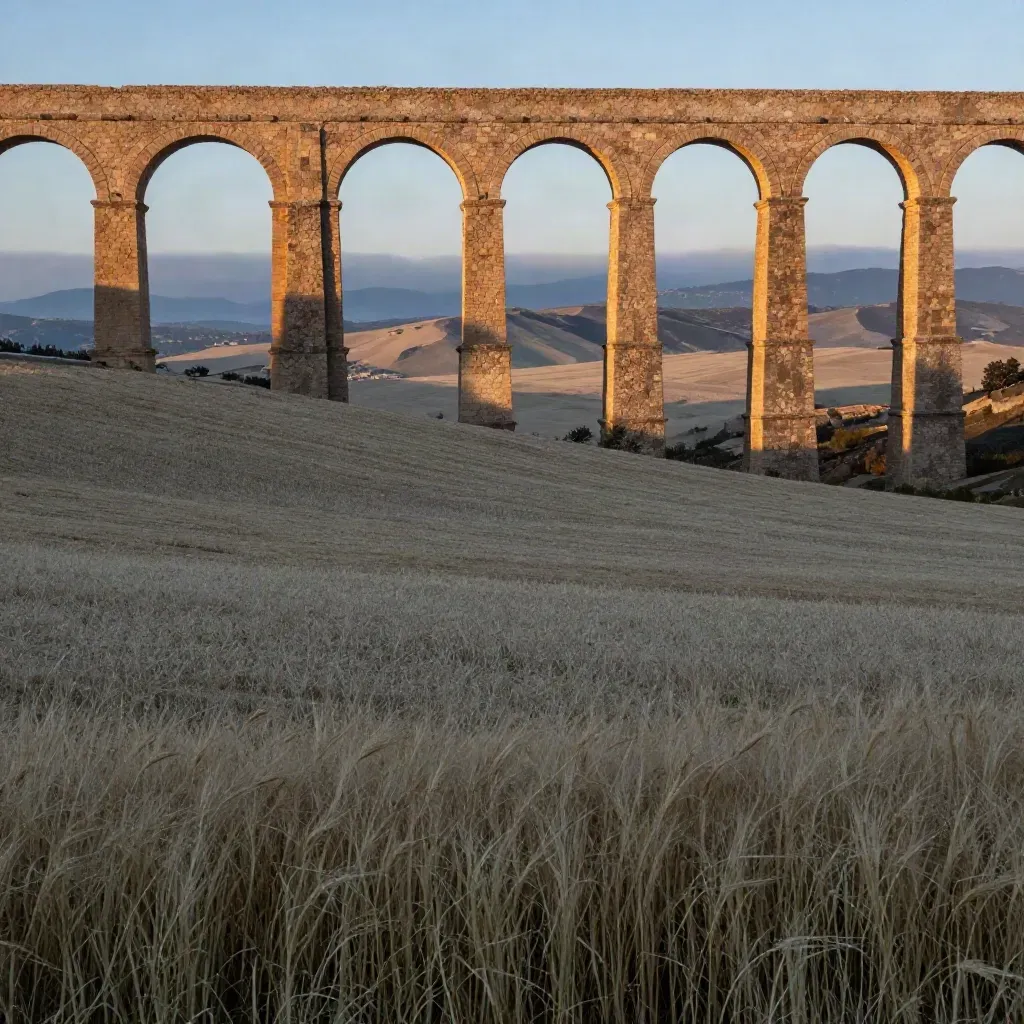 Acquedotto romano all’alba sopra la campagna laziale, con foschia calda e luce dorata.