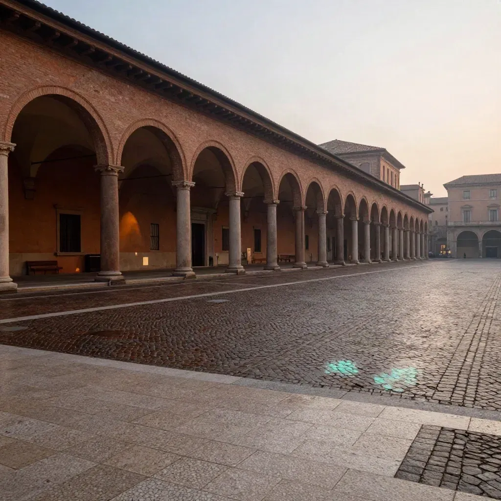Portici di Bologna al crepuscolo sopra una piazza avvolta nella foschia